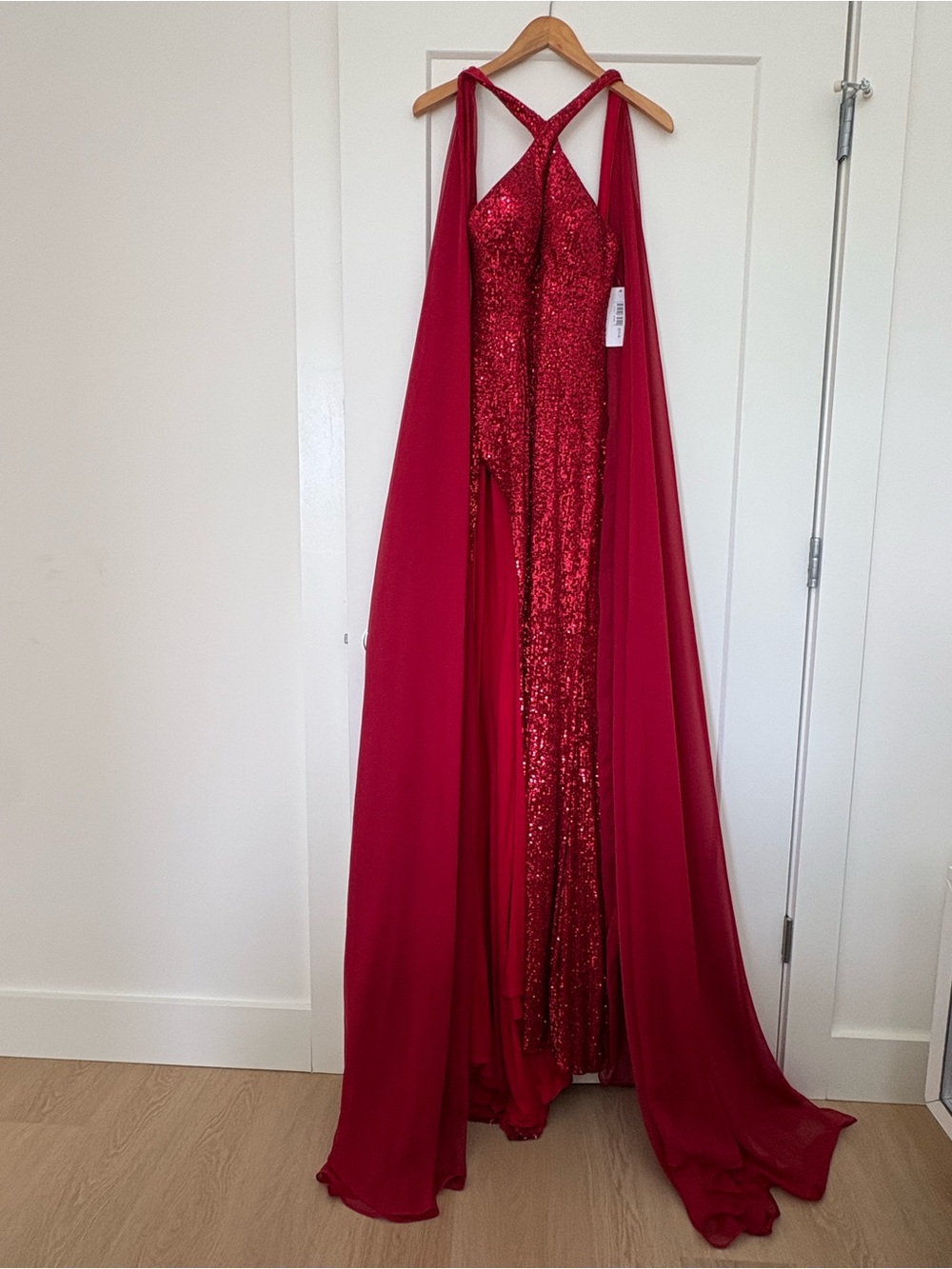 Jovani Red Sequin Pageant Gown with Cape